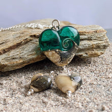 Load image into Gallery viewer, Sandstone Heart Pendant in Teal Glass