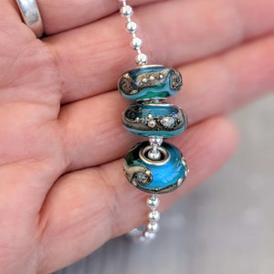 Deep Blue Sea with Wave Silver Cored Beads-Bracelet Beads-Beach Art Glass