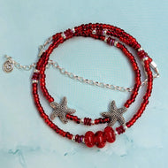 Sun Glitter Silver Triple Wrap Bracelet in Red