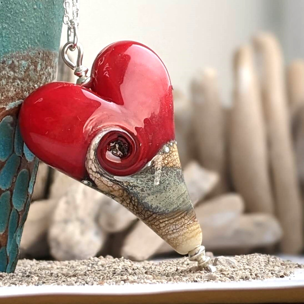 Sandstone XL Heart Pendant in Red Glass