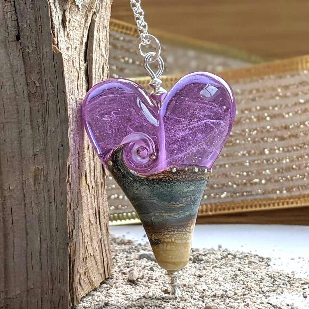 Sandstone XL Heart Pendant in Deep Lavender Glass