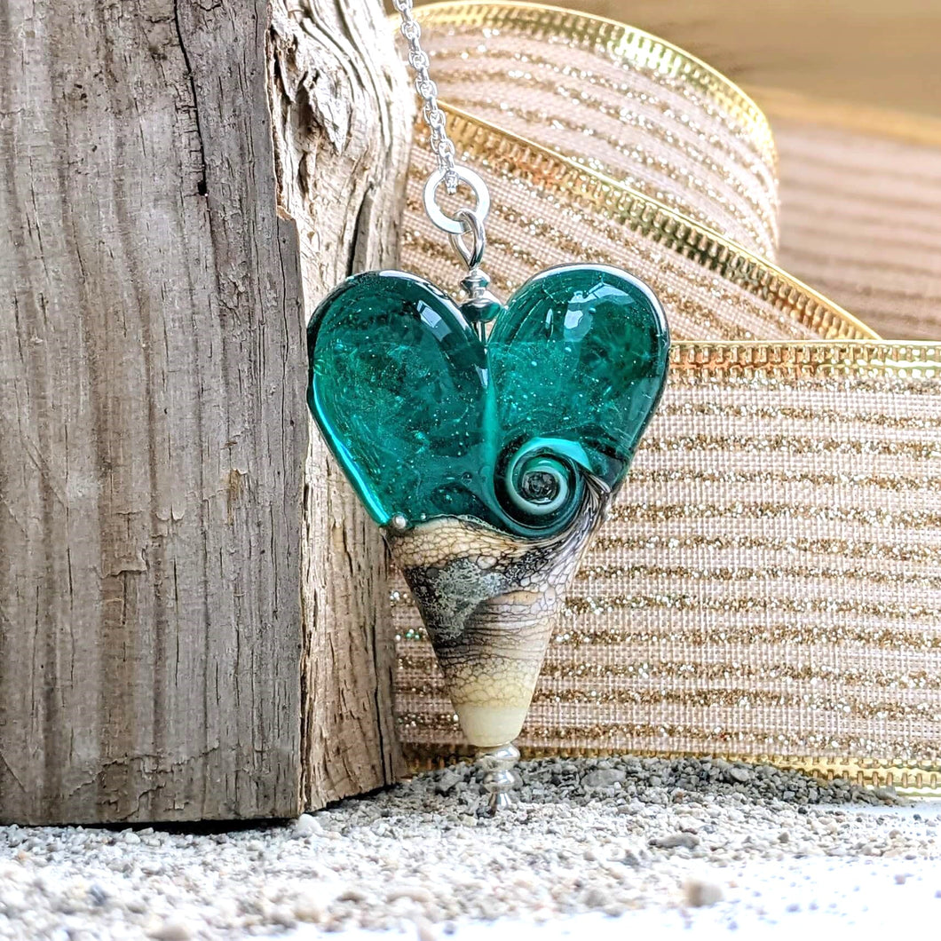 Sandstone XL Heart Pendant in Teal Glass