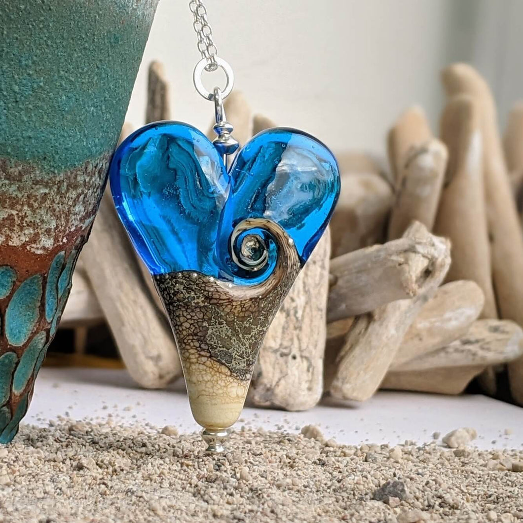 Sandstone XL Heart Pendant in Aqua Blue Glass