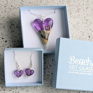 Sandstone XL Heart Pendant in Deep Lavender Glass