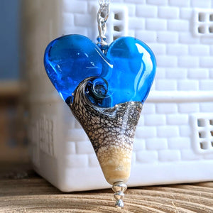 Sandstone XL Heart Pendant in Aqua Blue Glass