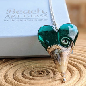 Sandstone XL Heart Pendant in Teal Glass