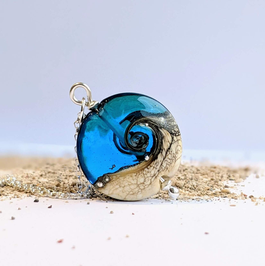 Sandstone Lentil Pendant in Aqua Blue Glass