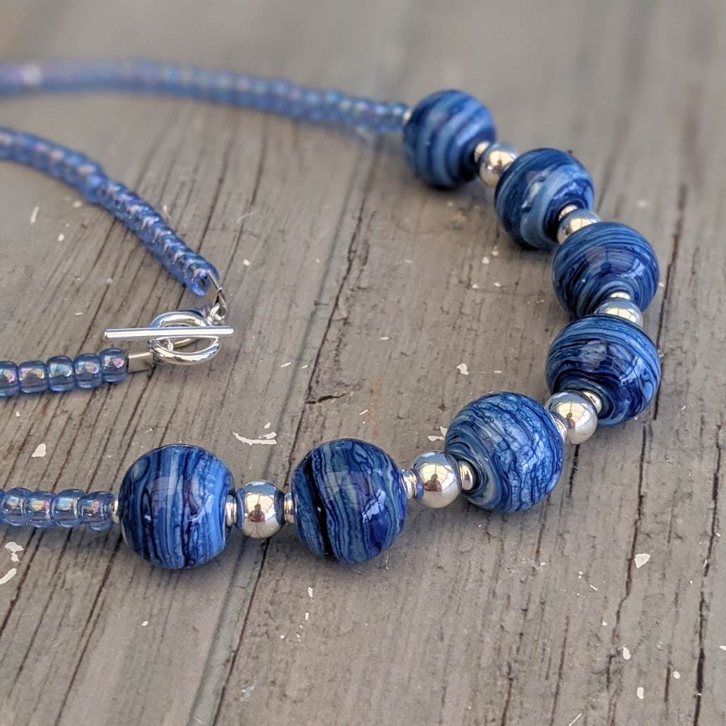 Blue Surf glass and silver Necklace-Necklace-Beach Art Glass