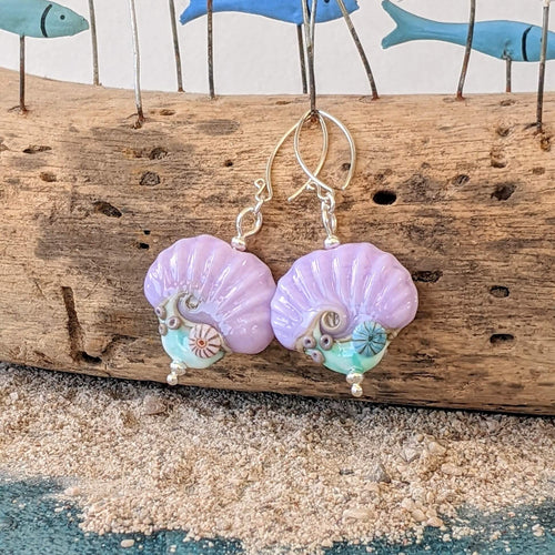 Coastal Path Shell Earrings - lavender and green