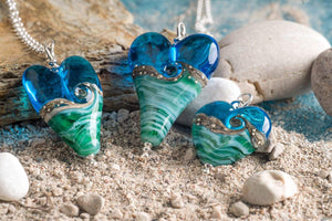 Deep Blue Sea Extra Large Heart Pendant-Necklace-Beach Art Glass