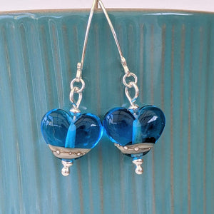 Deep Blue Sea Heart Drop Earrings-Earrings-Beach Art Glass