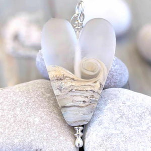 Frosted Sea Long Heart Pendant-Necklace-Beach Art Glass