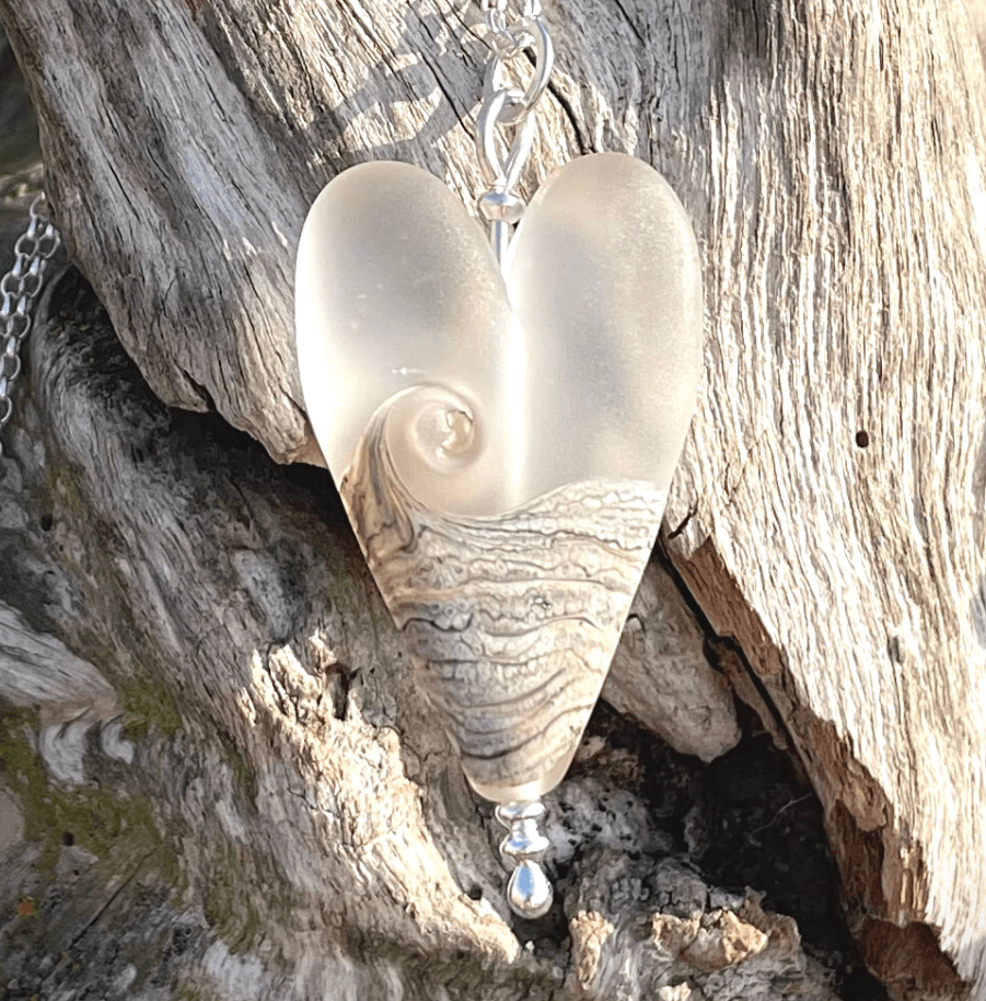 Frosted Sea Long Heart Pendant-Necklace-Beach Art Glass