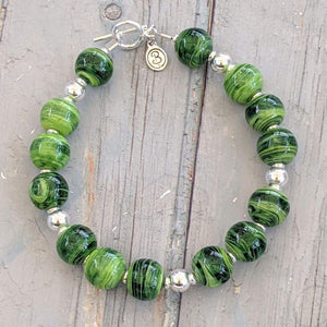 Green Dragon Glass & Silver Bracelet-Bracelet-Beach Art Glass