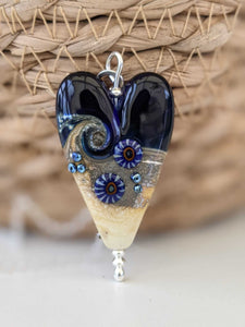 Midnight Waves Long Heart Pendant-Necklace-Beach Art Glass